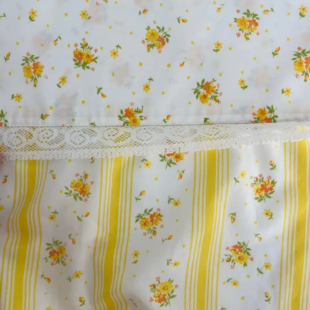 70s Cottagecore Yellow Striped Floral Sheet 1970s Vintage Queen Flat